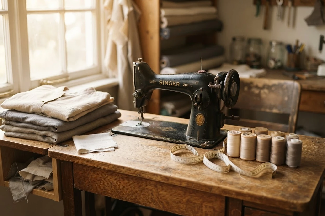 Ruhajavító műhely varrógéppel, textilekkel és varróeszközökkel
